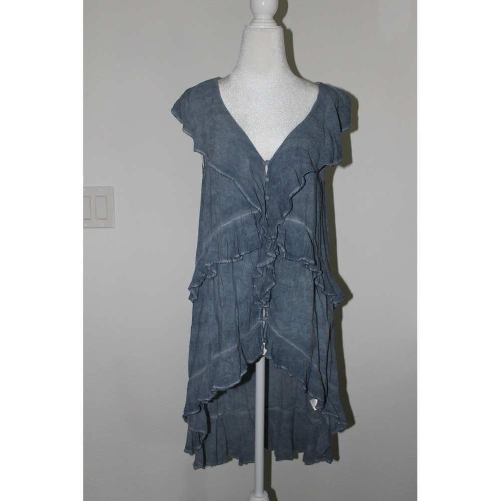 Entro Womens Blue Mineral Wash Ruffle‎ High Low Tunic Top V-Neck Boho Size Small
